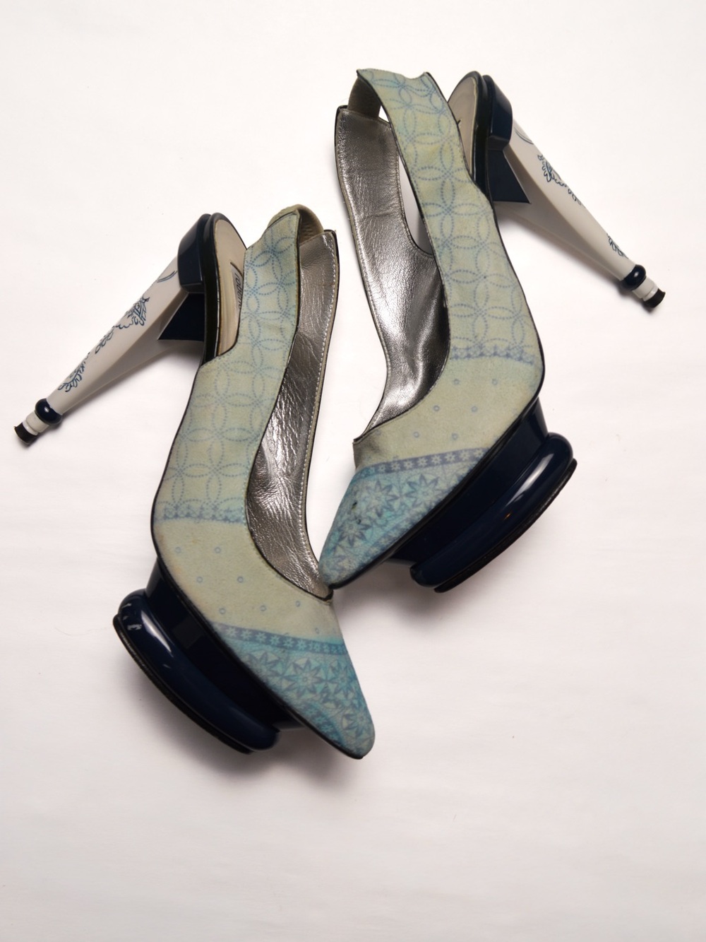 Roberto Cavalli Light Blue Patterned Slingback Heels with Navy Platform